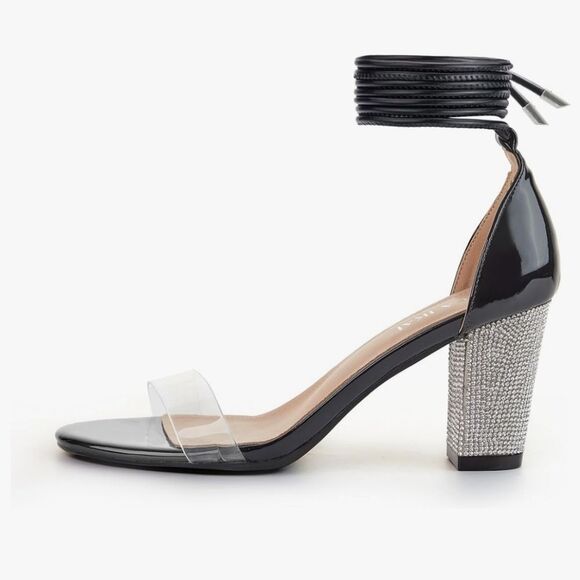 Lala Akai Black Lace Up Ankle Open Toe Rhinestone Block Heel Women's Size 8 / 39 - Picture 2 of 6